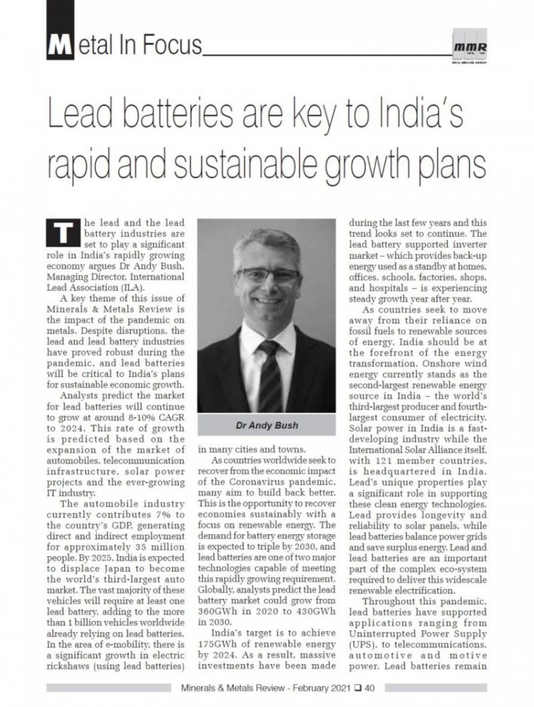 Lead batteries are key to India’s rapid and sustainable growth plans - Dr Andy Bush, Managing Director, International Lead Association (ILA)